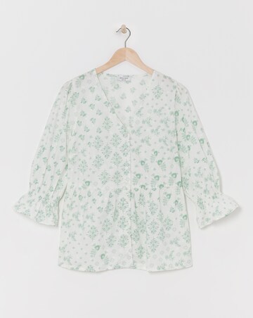 Green Print Cotton Dobby Puff Sleeve Top
