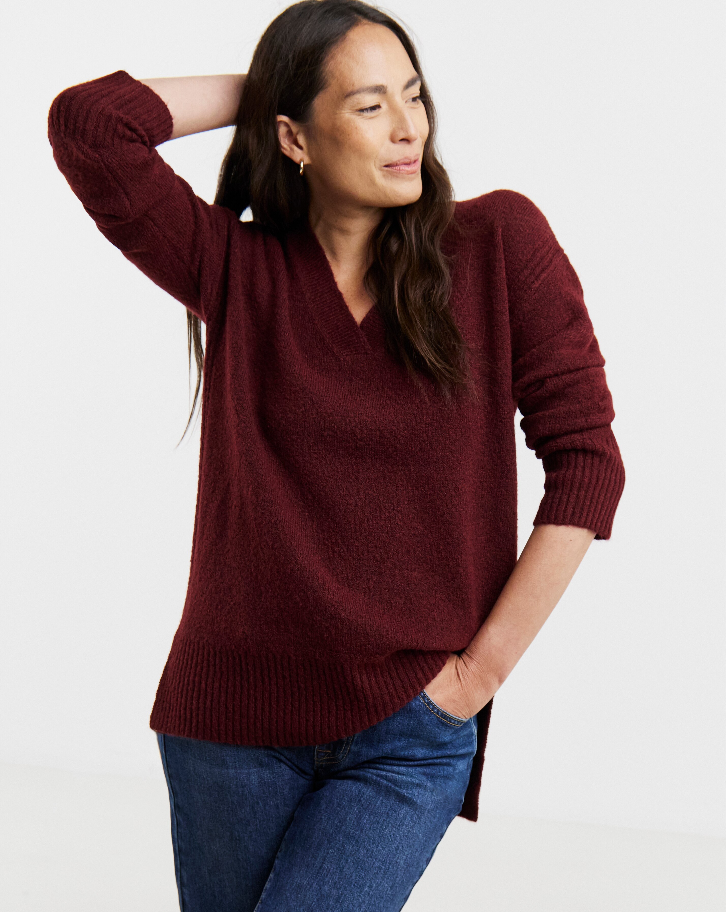 Cosy Yarn Wine V Neck Side Rib Tunic