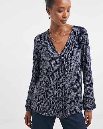 Printed Wrap Long Sleeve Bubble Hem Top