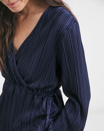 Navy Plisse V Neck Longline Wrap Top