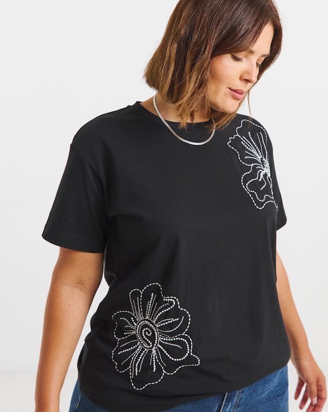 Black Embroidered and Beaded Floral T-Shirt