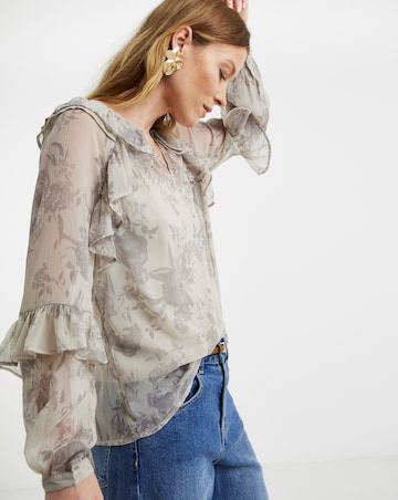 Womens Chiffon Ruffle Detail Blouse - Cream Floral