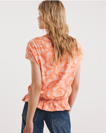 Orange Leaf Print Value Cotton Short Sleeve Ruffle Bubble Hem Top