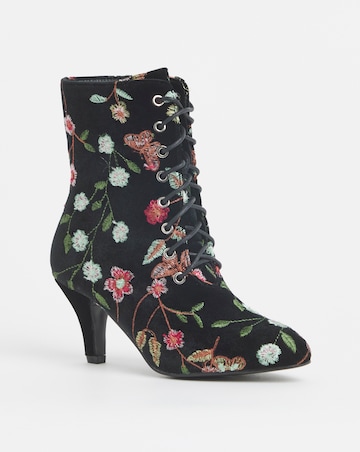 Joe Browns Black Velvet Embroidered Lace Up Bootie- Wide Fit (E)