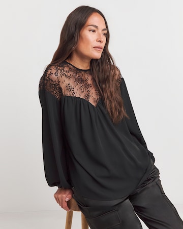 Womens Lace Insert Long Sleeve Blouse - Black