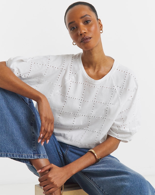 White Broderie Crew Neck Lantern Sleeve Top