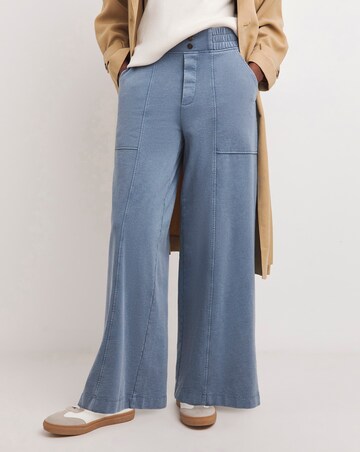 Washed Blue Cotton Mix Jersey Wide Leg Trouser