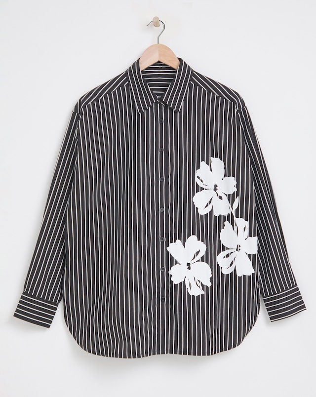 Placement Print Oversized Striped Poplin Shirt