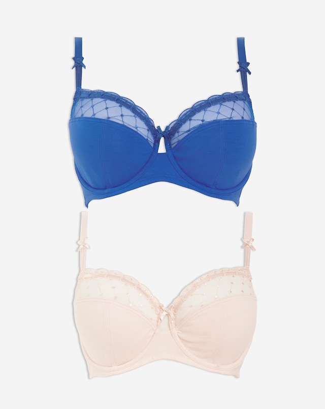Pretty Secrets (2 Pack) Rachel Embroidery Balcony Bras (B-G) Blue/Cream