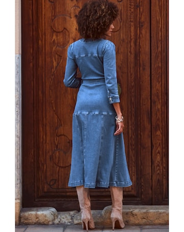 Sosandar Mid Blue Ruched Waist Popper Front Denim Dress