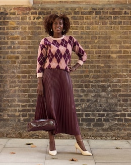 Burgundy PU Pleated Midi Skirt