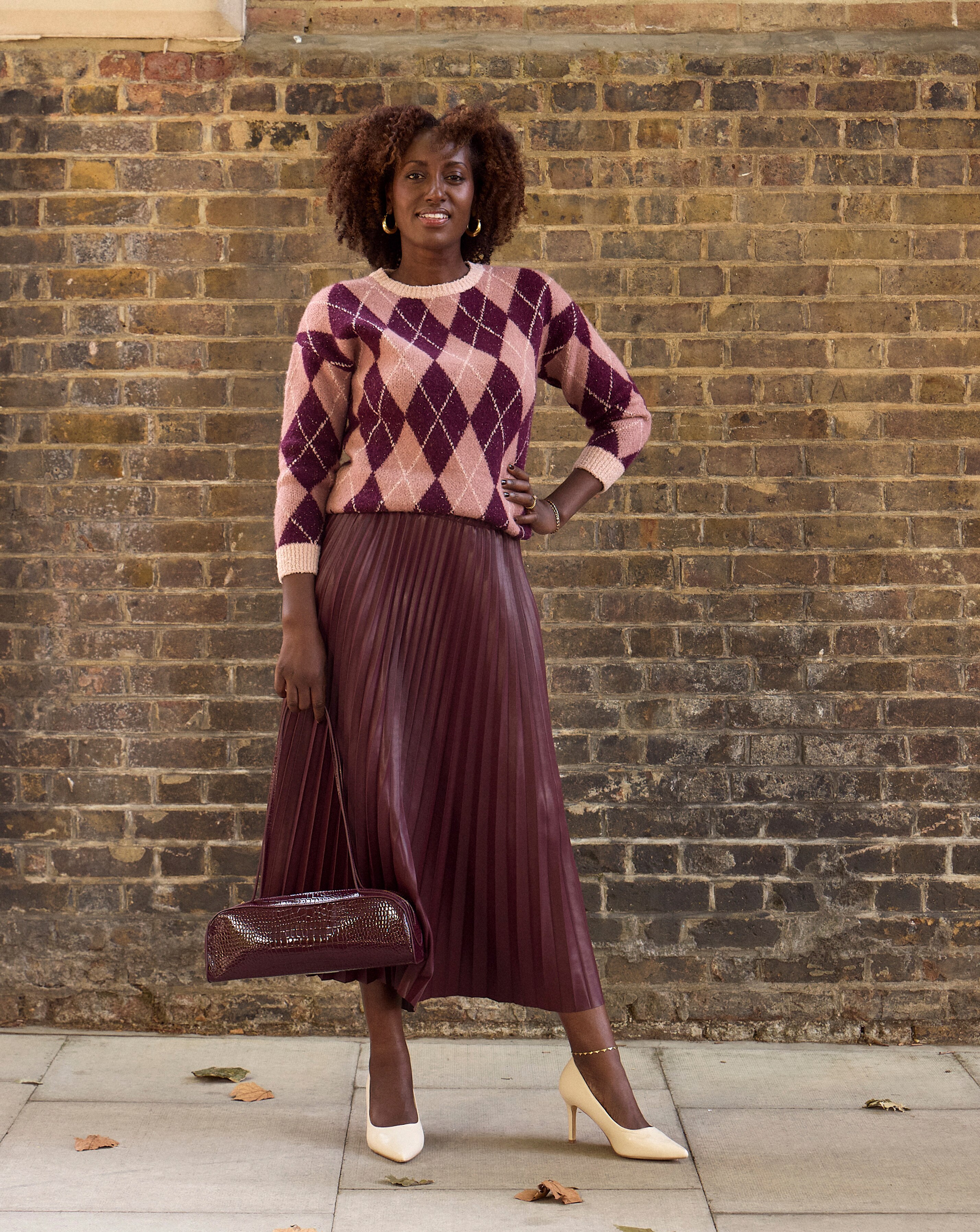 Burgundy PU Pleated Midi Skirt