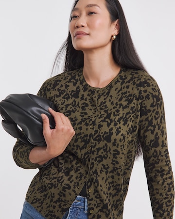 Khaki Print Crew Neck Cardigan