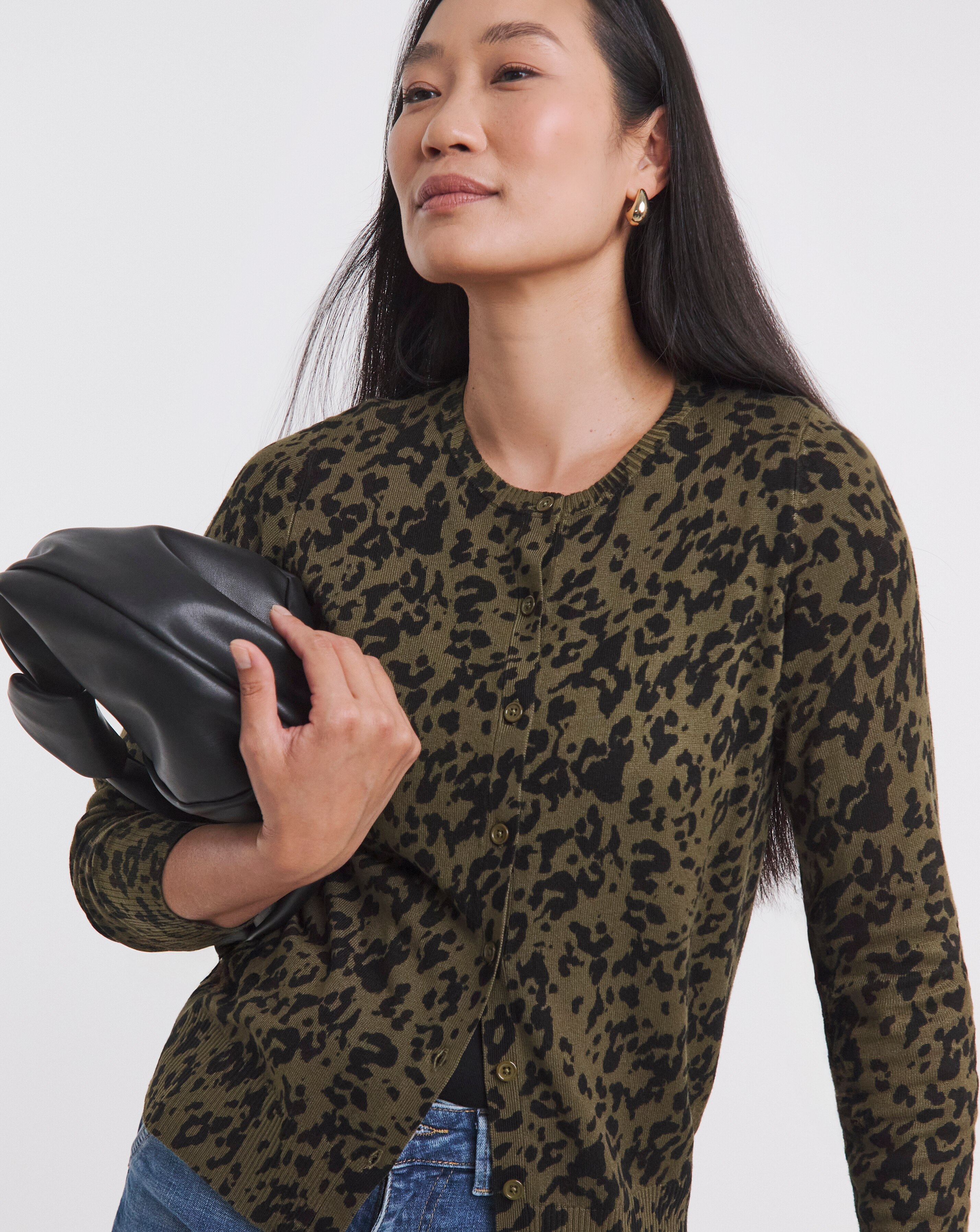 Eversoft Khaki Print Crew Neck Cardigan