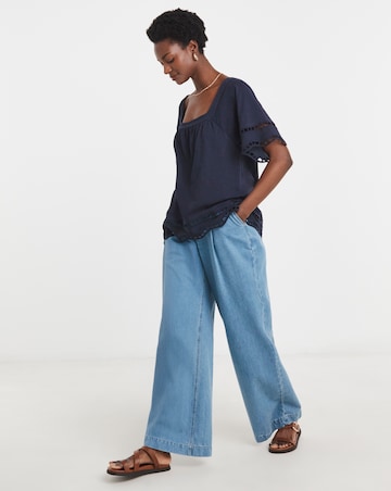 Pure Cotton Square Neck Broderie Sleeve and Hem Top