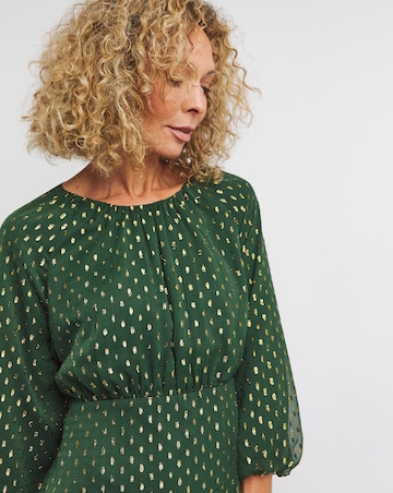 Puff Sleeve Tie Neck Lurex Dobby Dress