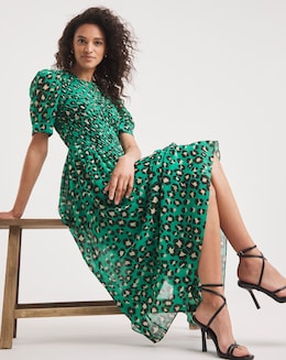 Whistles Painted Leopard Shirred Bodice Midi Dress