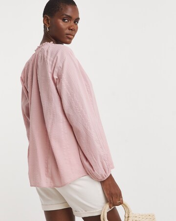 Collarless Long Sleeve Tie Neck Blouse