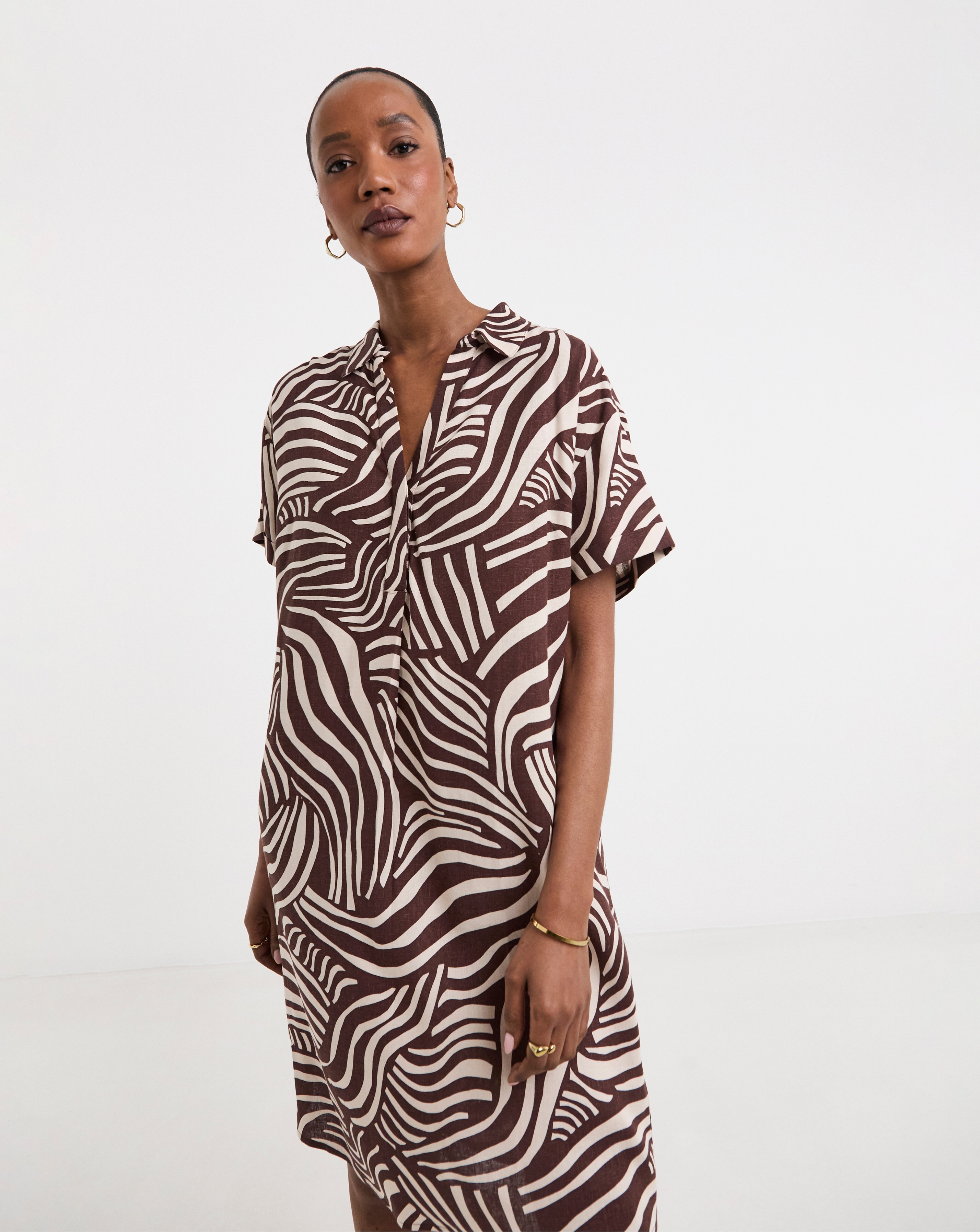 Linen Mix Collared Short Sleeve Tunic Dress | JD Williams