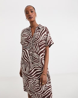 Linen Mix Collared Short Sleeve Tunic Dress