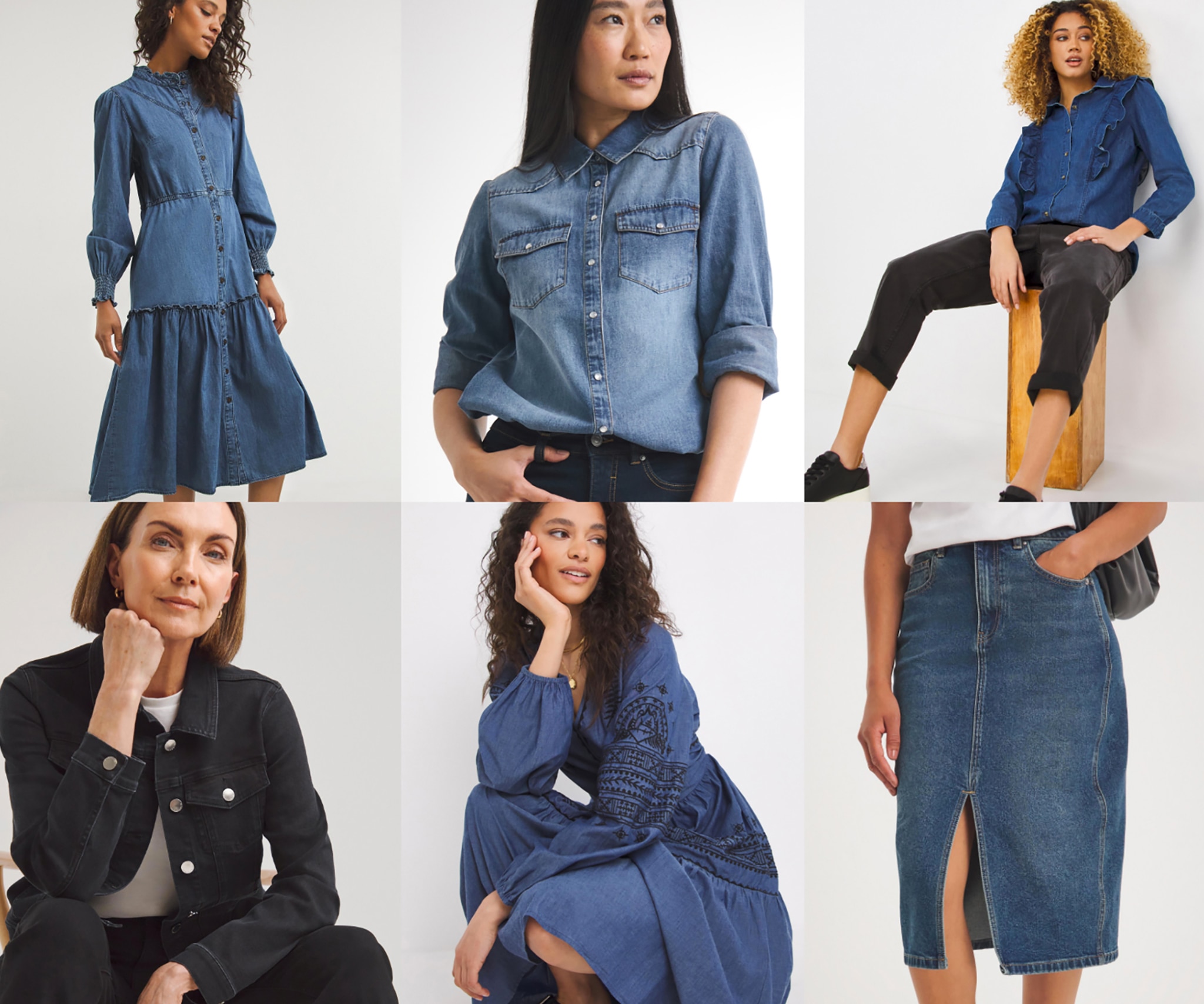 Montage of models earring various denim clothing items