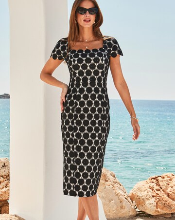 Sosandar Black Contrast Lace Square Neck Midi Dress