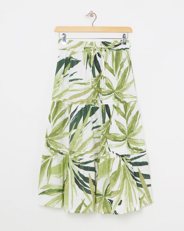 Green Palm Print Cheesecloth Midi Skirt
