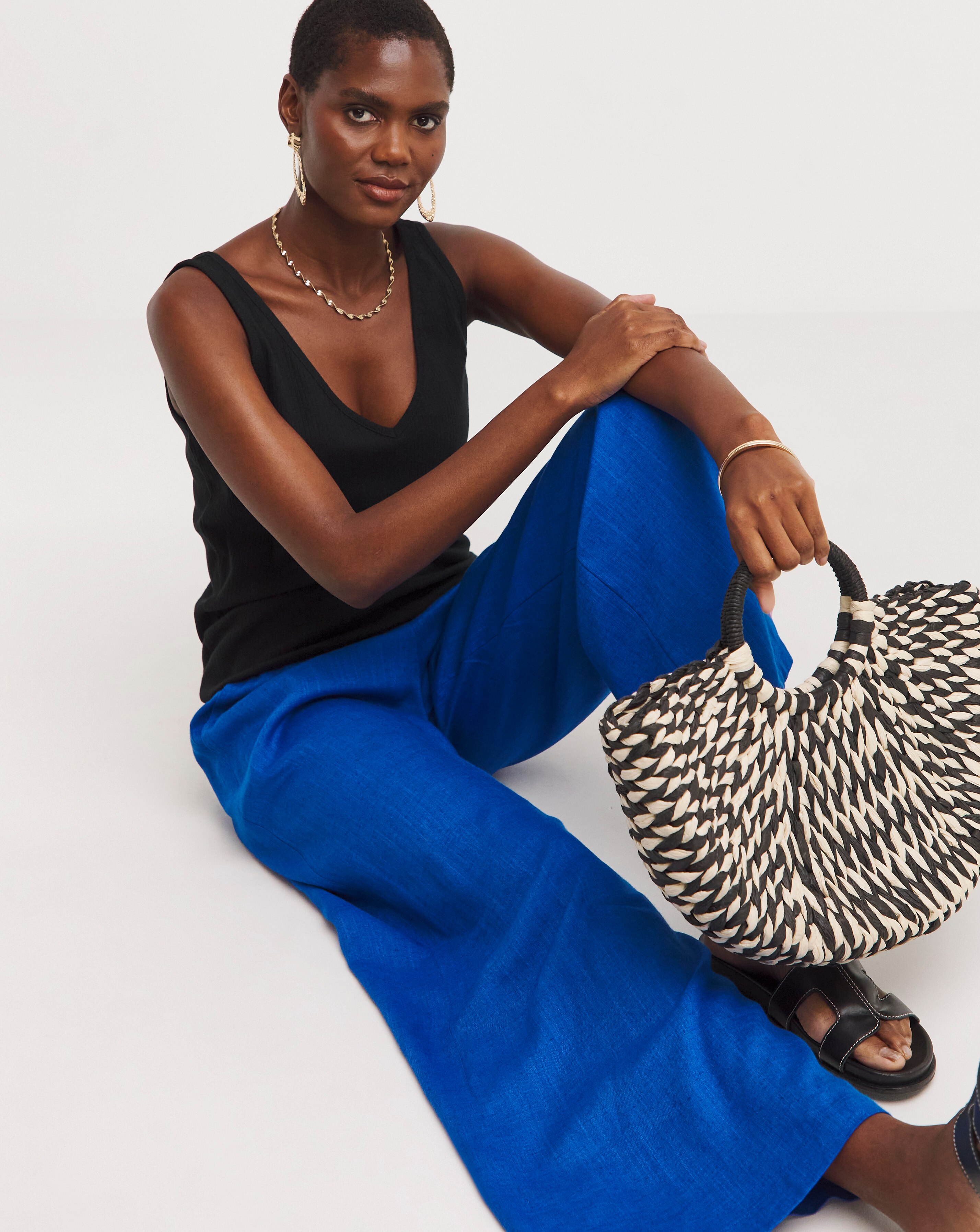 Cobalt Linen Mix Wide Leg Trousers