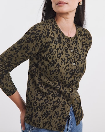 Khaki Print Crew Neck Cardigan