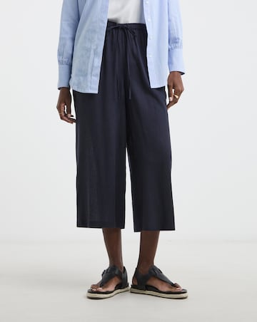 Navy Linen Mix Cropped Wide Leg Culottes