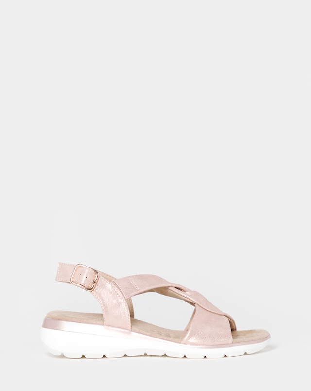 Cushion Walk Rose Gold Shimmer Cross Strap Buckle Sandals - Extra Wide Fit (EEE)