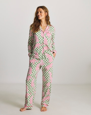 Chelsea Peers Organic Cotton Classic Pyjama Set Checkerboard Leopards Print