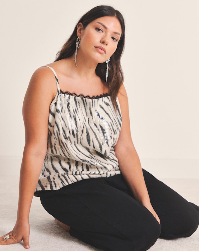 Simply Be Brown Zebra Print Clear Sequin Cami Top