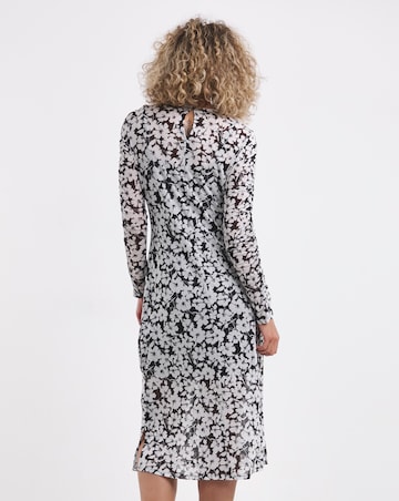 Printed Mesh Ruched Midi Dress