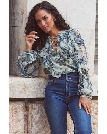 Sosandar Paisley Floral Print Metallic Stripe Blouse With Lace Up Detail