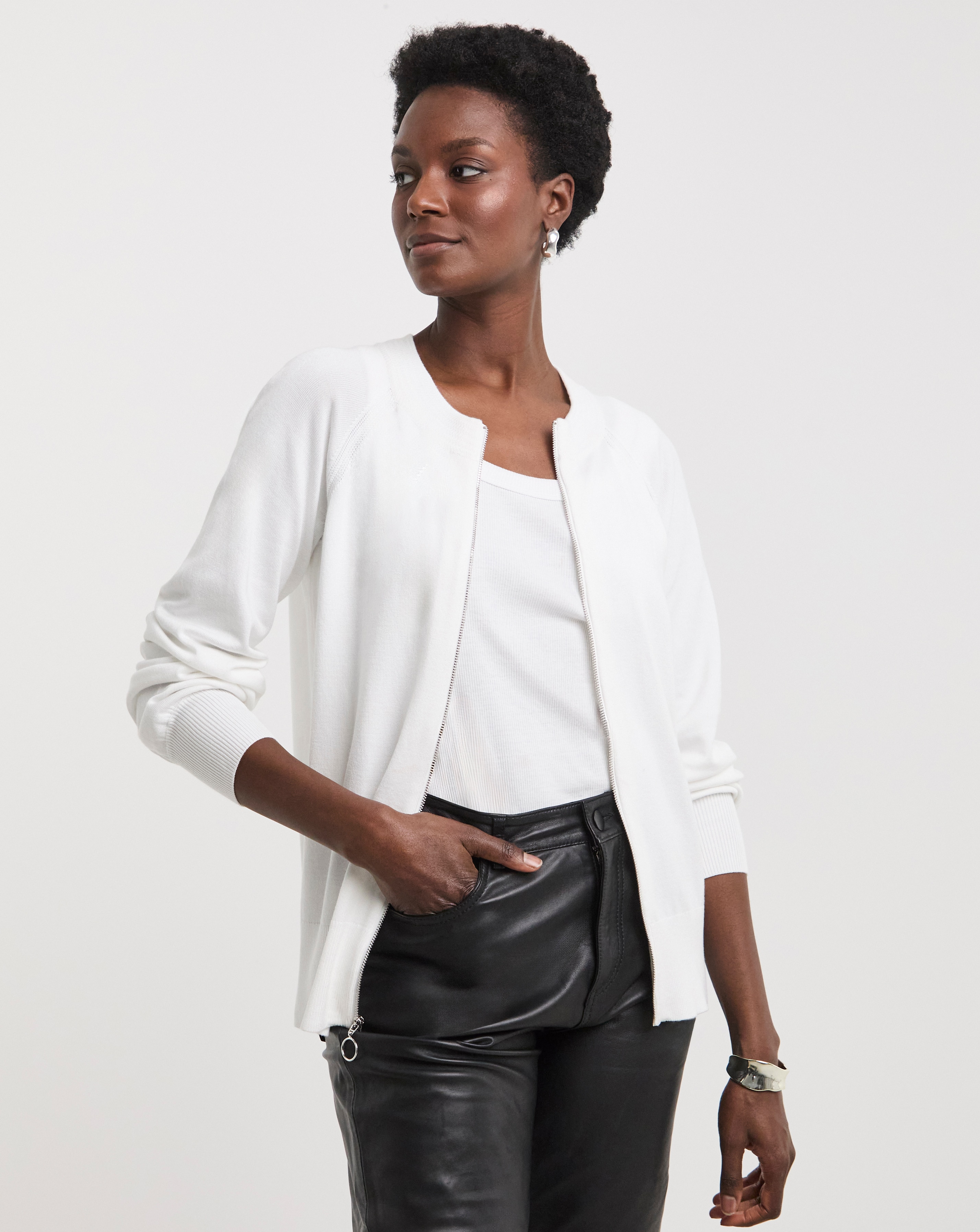 Fine Knit White Knitted Bomber