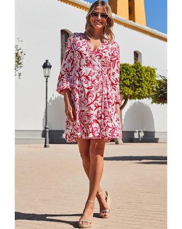 Sosandar Blouson Sleeve Godet Hem Wrap Dress