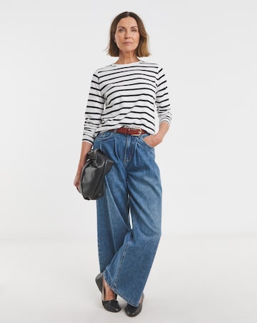 Pure Cotton Stripe Long Sleeve Longline Curved Hem Top