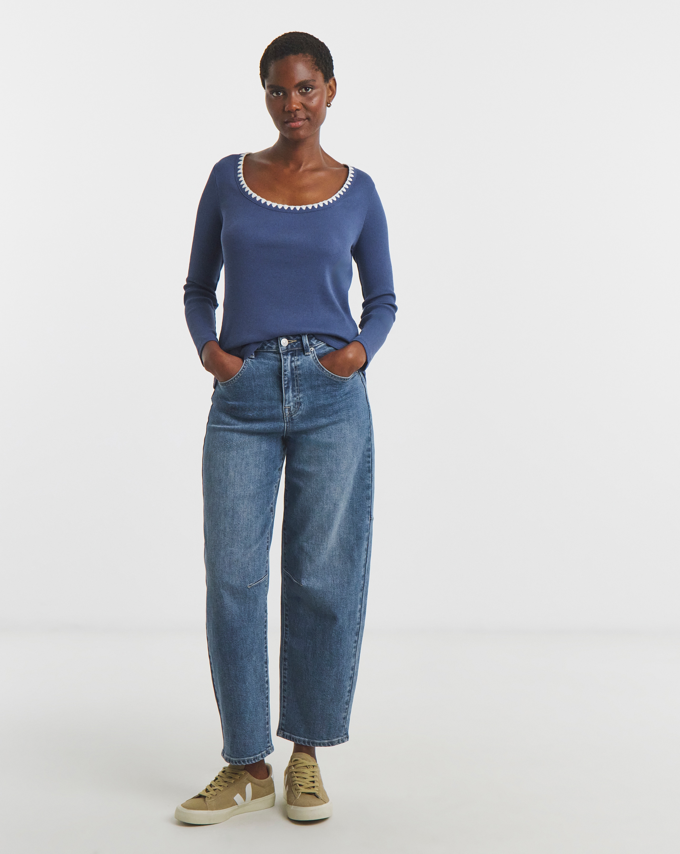 Whipstitch Neck Long Sleeve Rib Top | JD Williams