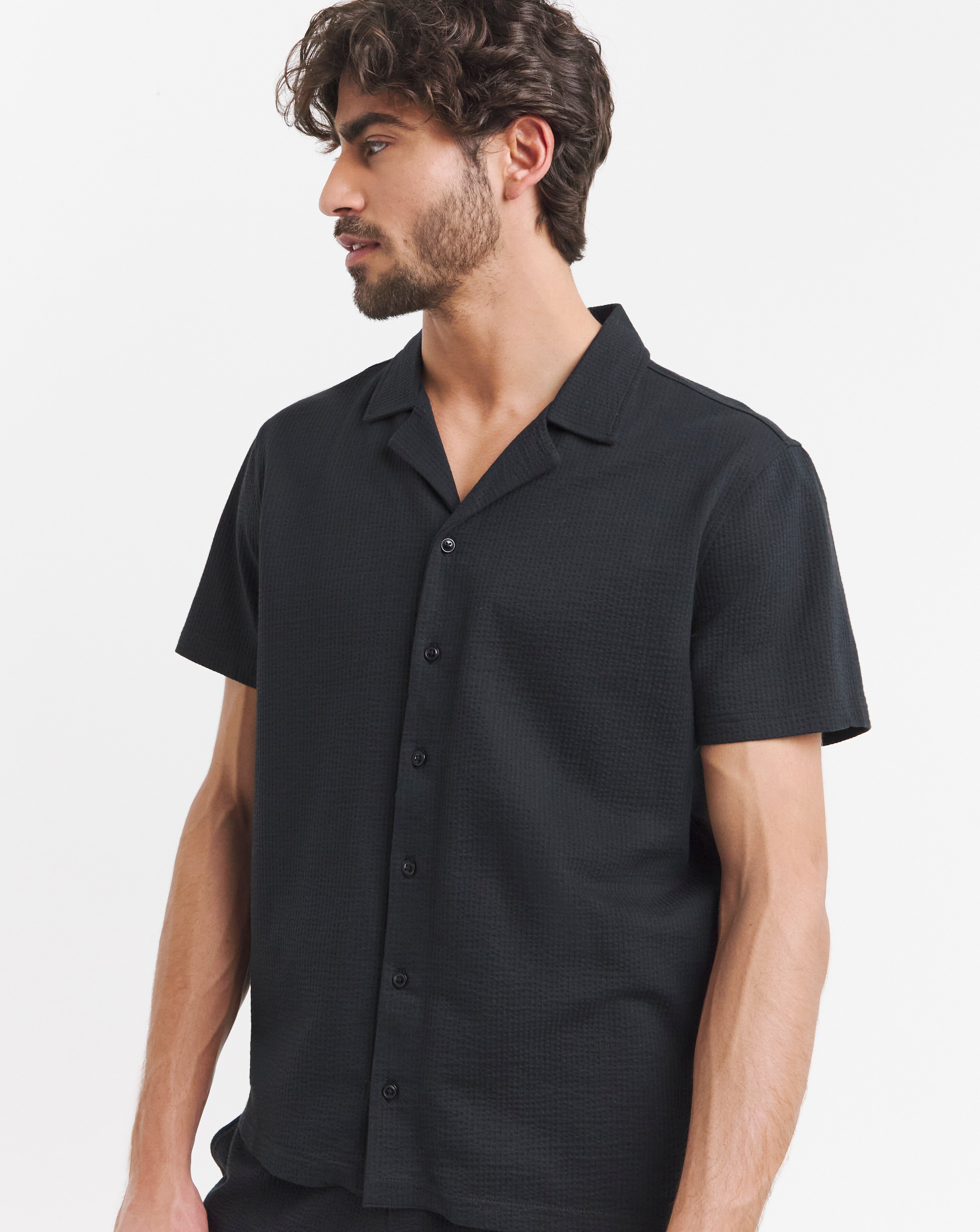 Seersucker Revere Collar Jersey Shirt- Black