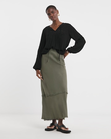 Textured Crinkle Broderie Yoke Trim Blouson Sleeve Blouse