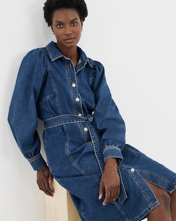 Pure Cotton Mid Blue Volume Sleeve Denim Midi Dress