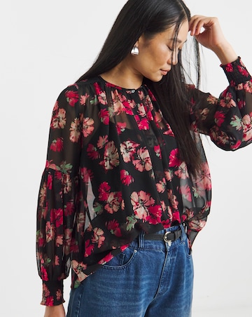 Georgette Collarless Blouson Sleeve Blouse