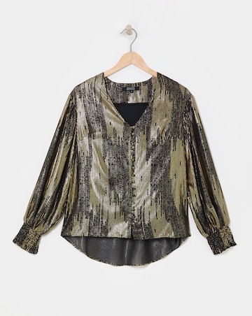 Metallic Button Through Dip Back Blouse