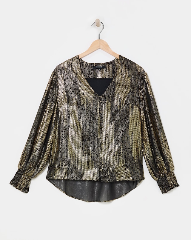 Metallic Button Through Dip Back Blouse