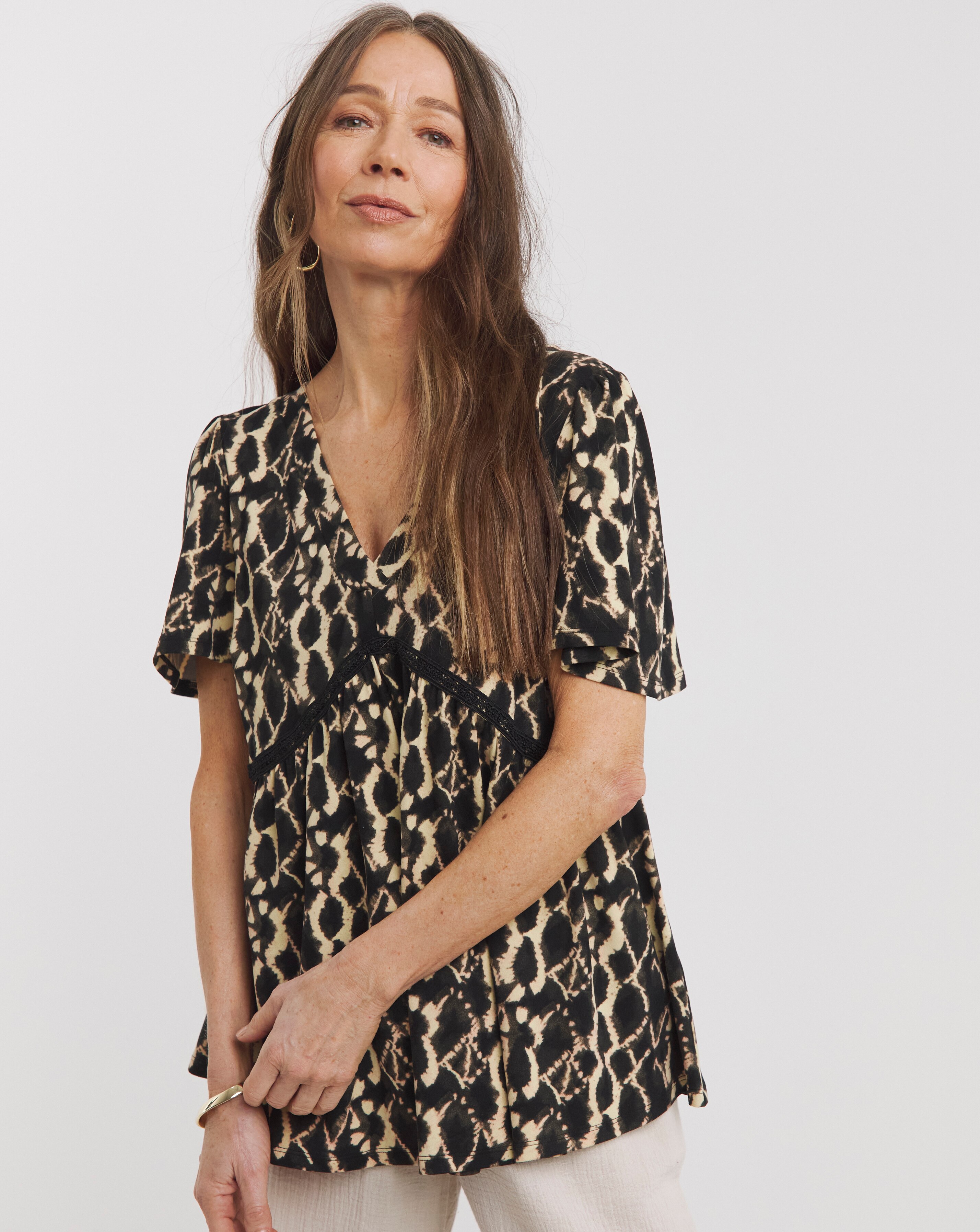 Black Print Crochet Contrast Top