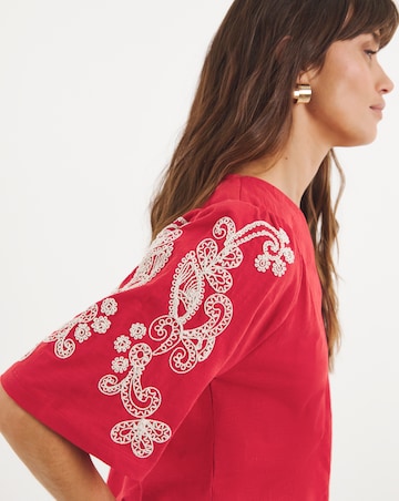 Pure Cotton V Neck Embriodered Sleeve Top