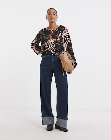 Crew Neck Balloon Sleeve Top - Abstract Print