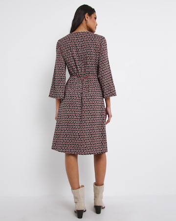 Geo Print Ruched Tie Neck A-Line Dress