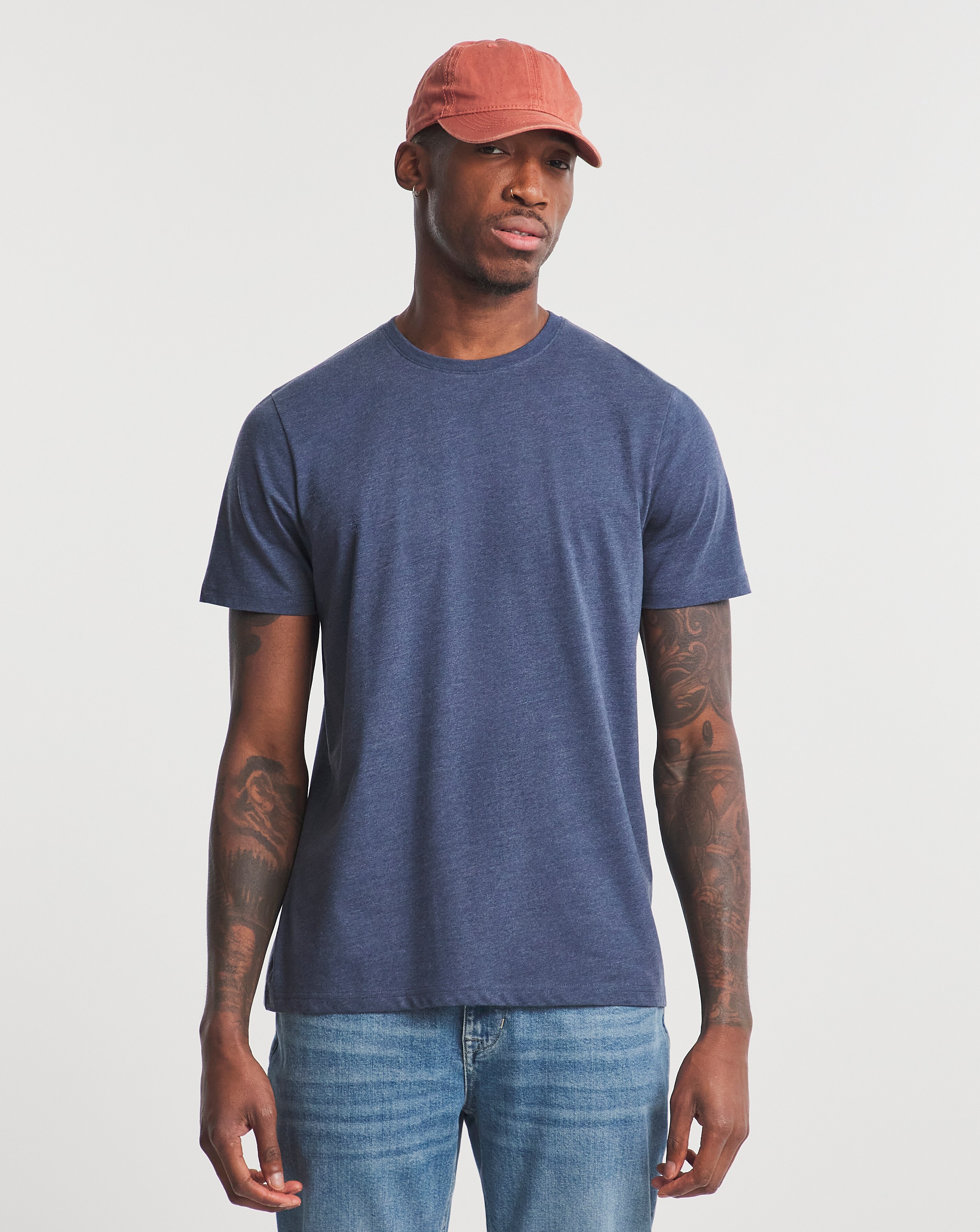 Pure Cotton Crew Neck T-Shirt Long Length- Denim Marl